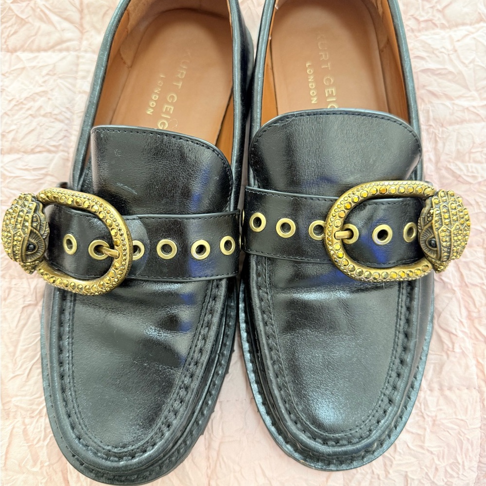 Kurt Geiger Black Leather Loafers Gold Snake Buckle Chunky Sole